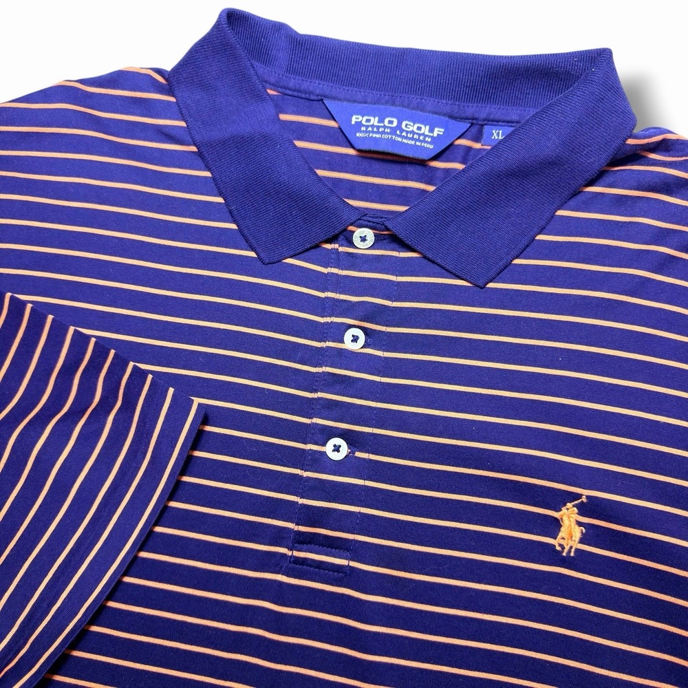 Ralph Lauren Poloā Golf XL Striped Orange Navy Pima Preppy Club Men Shirt